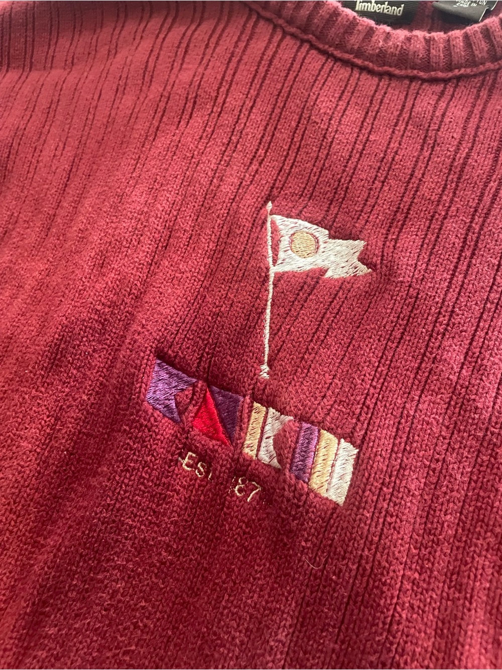 Timberland Red Ribbed Crewneck Sweater with Logo Patch